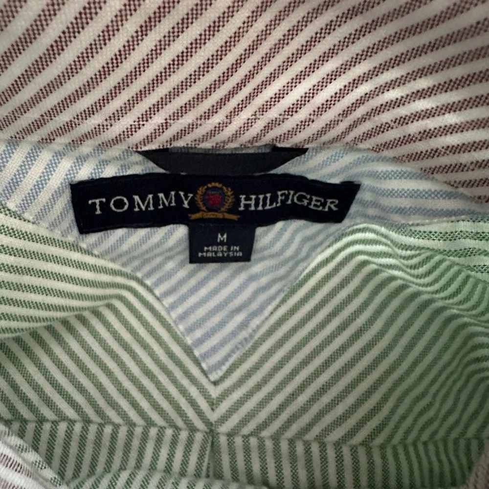 Tommy Hilfiger Oxford Green Striped Shirt Original Crest Logo Men's MEDIUM - Picture 5 of 10